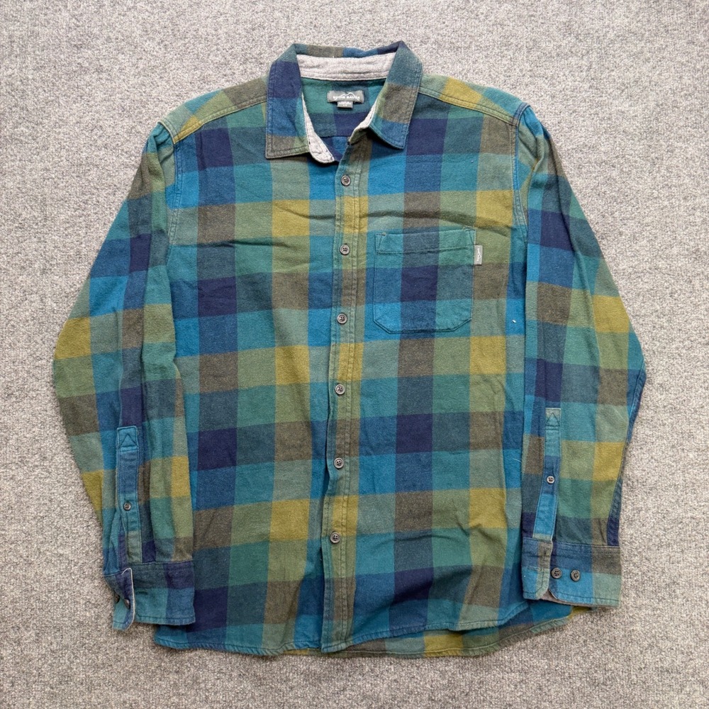 Eddie Bauer Mens Flannel Shirt L Blue‎ Green Plaid Long Sleeve Button Down